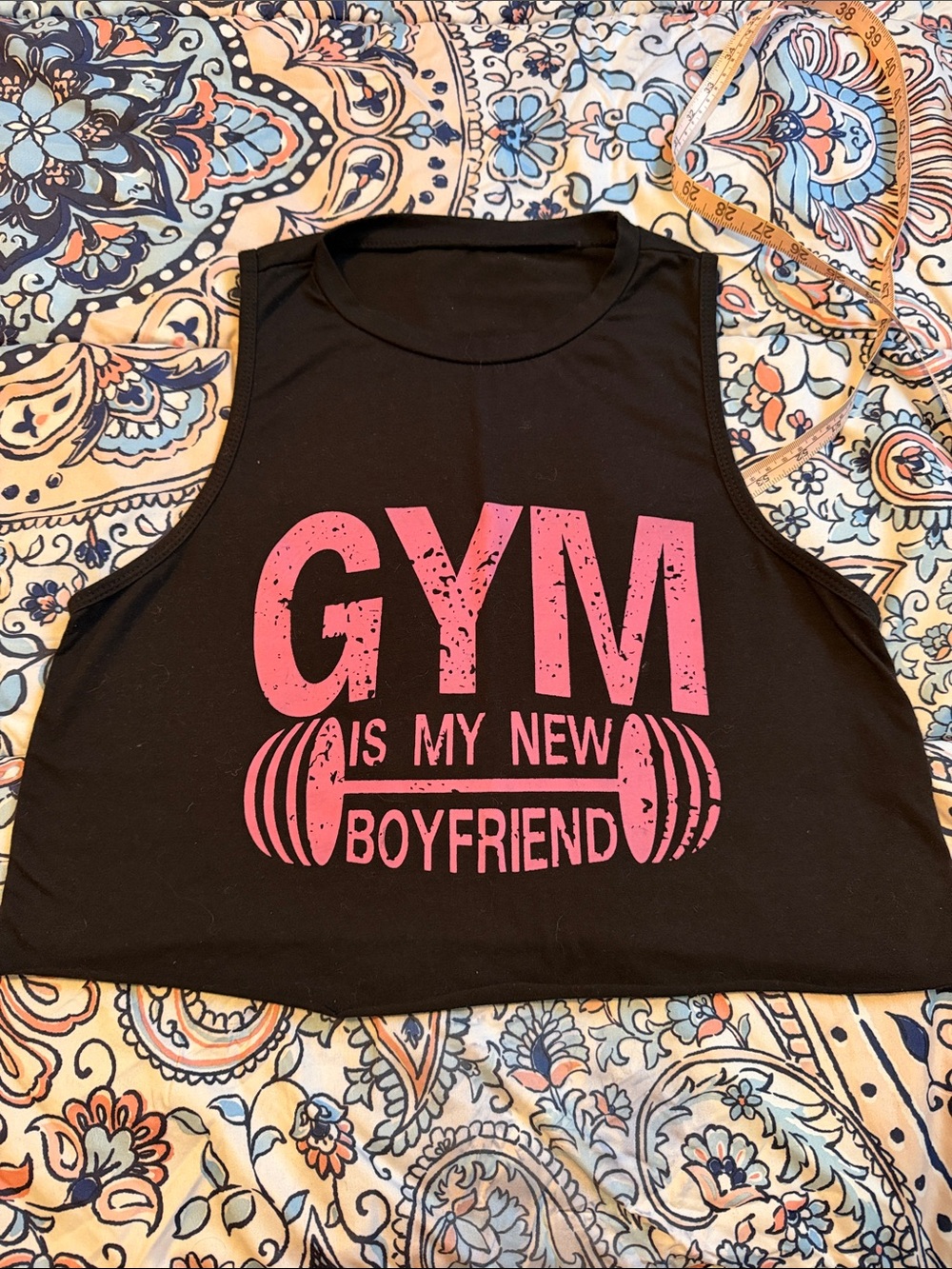 SHEIN Black Crop Tank with Pink 'GYM' Barbell Graphic